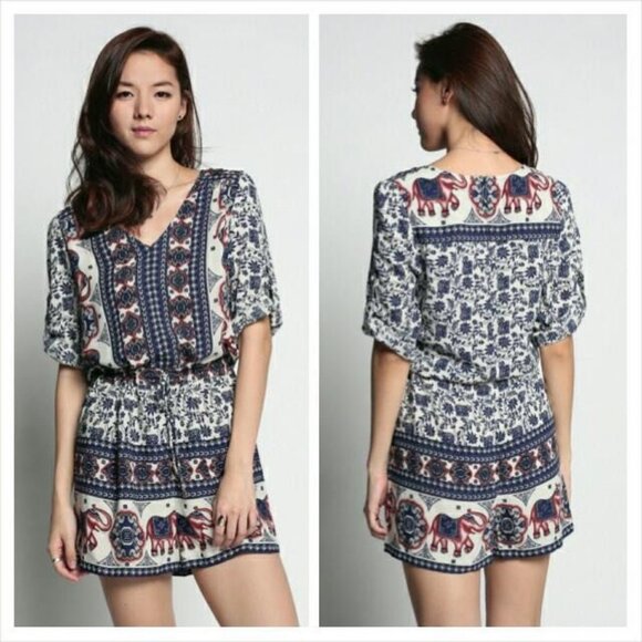 Love Bonito Blue White Red Elephant Boho Pathyia Romper Playsuit Shorts - Picture 1 of 15